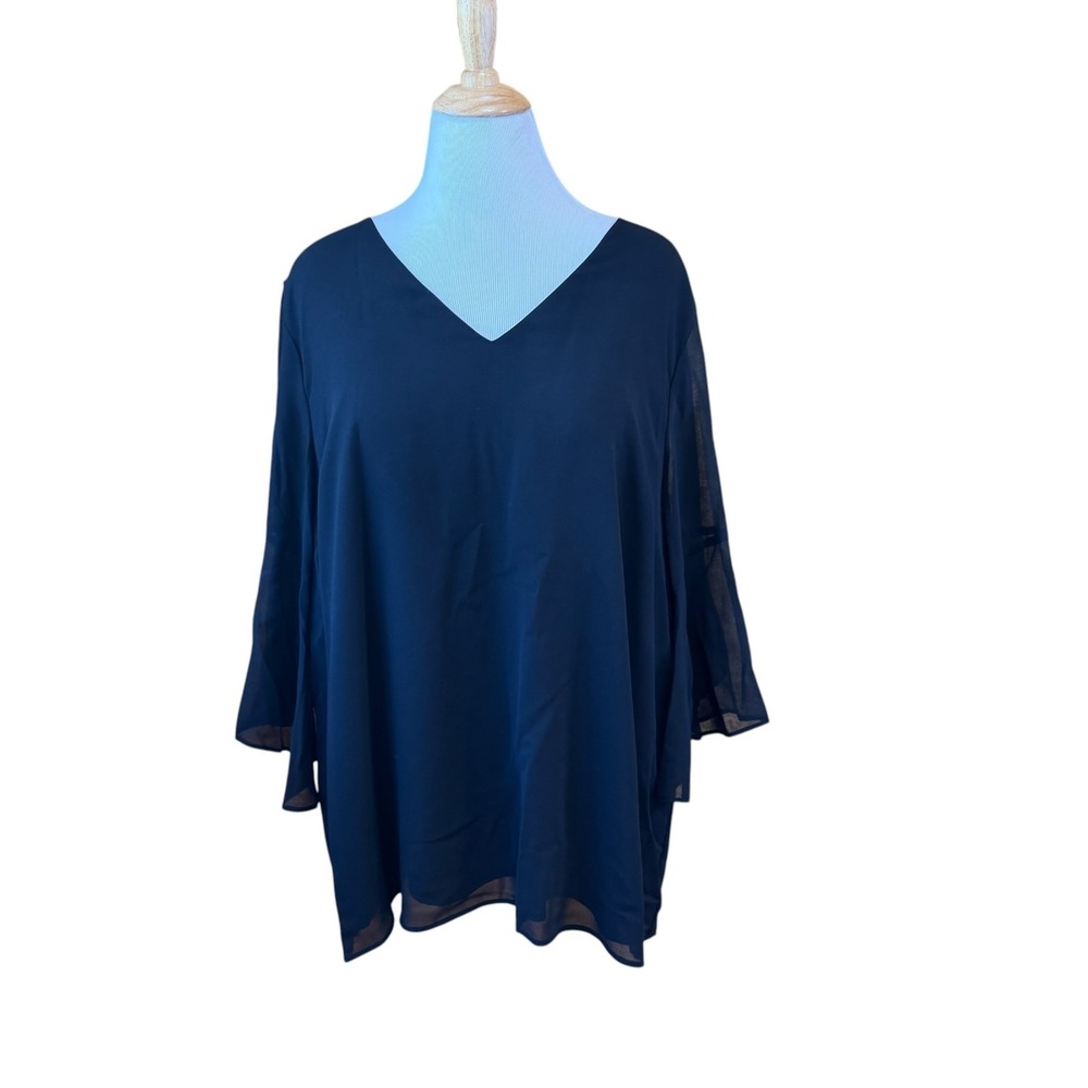 Plus Calvin Klein Black Shear Sleeve V Neck Flowy Tunic Ruffle Sleeve 2X